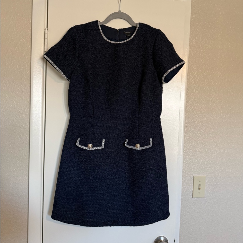 Ann Taylor Navy Tweed Short-Sleeve Mini Dress with Trim.
